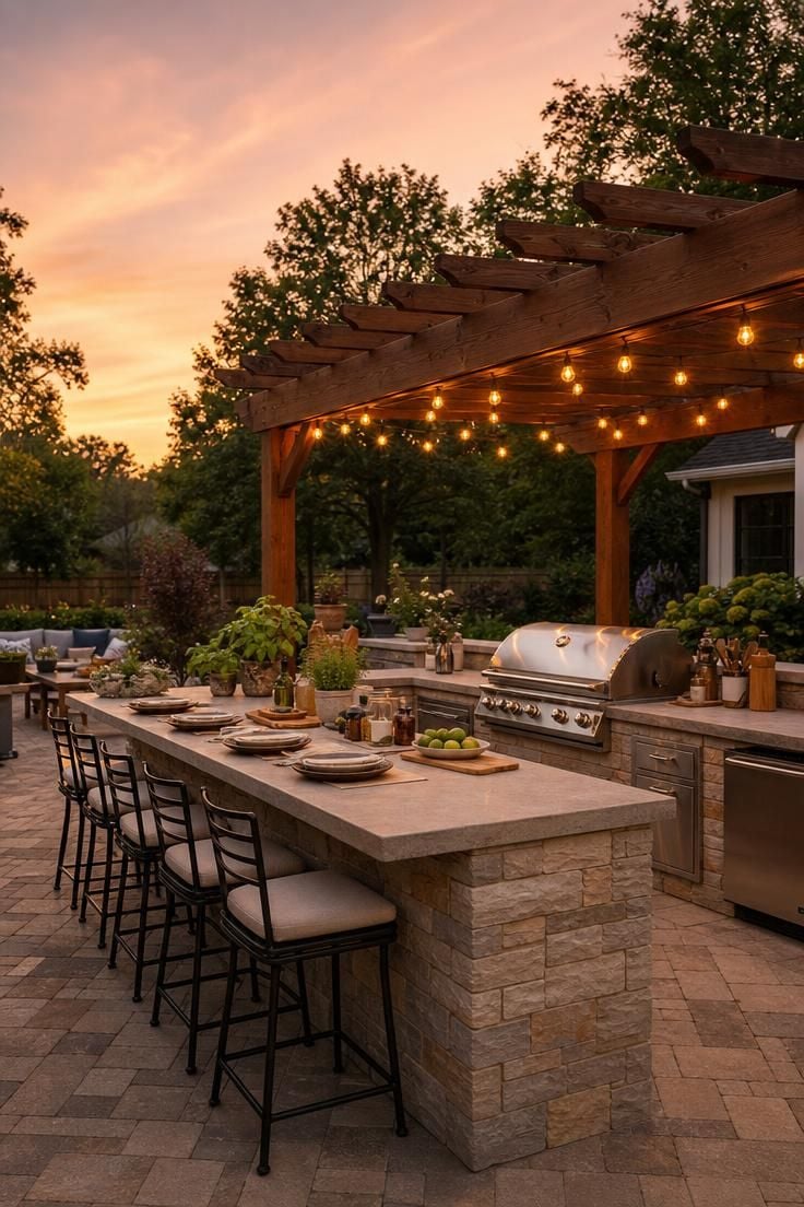 Simple Spaces 14 Wide backyard kitchen scene at golden hour with a stone island, cedar pergola, string lights, and bar stools ready for outdoor dining