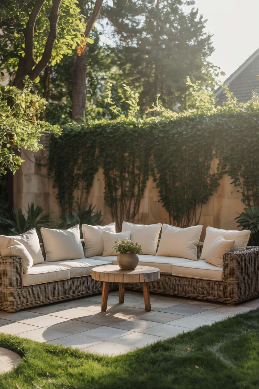 Comfortable wicker sofa with cream cushions on stone patio surrounded by lush greenery and warm lighting