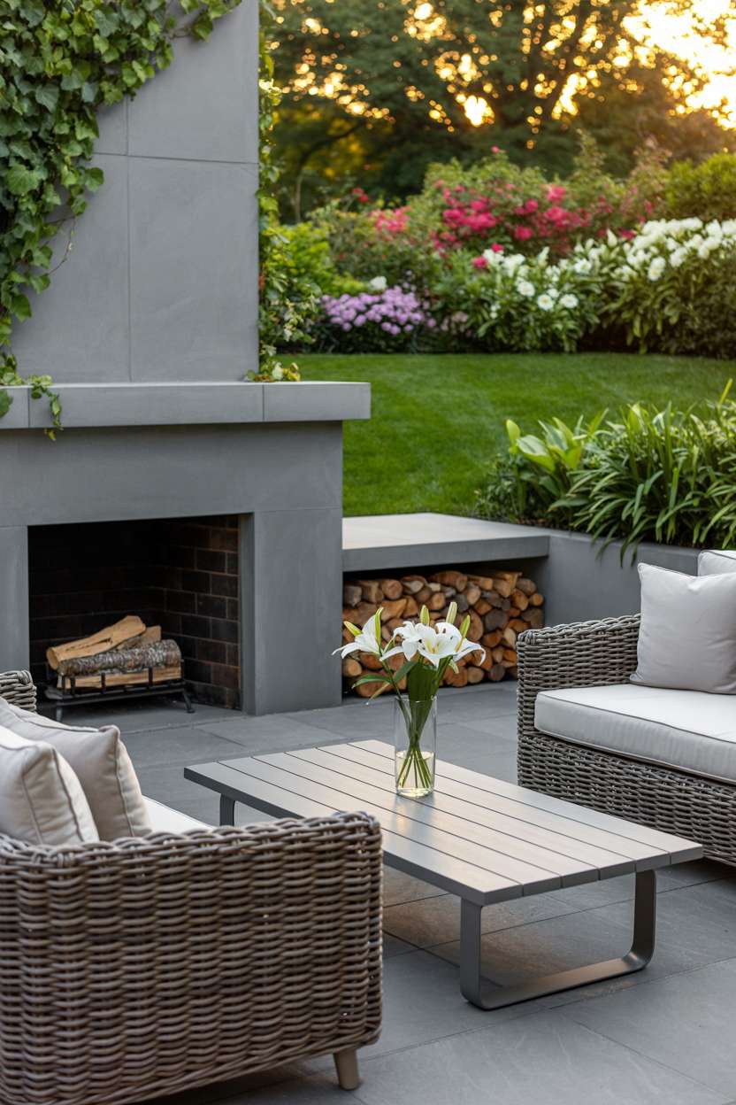 Contemporary grey stone fireplace with rattan chairs and wooden coffee table on patio