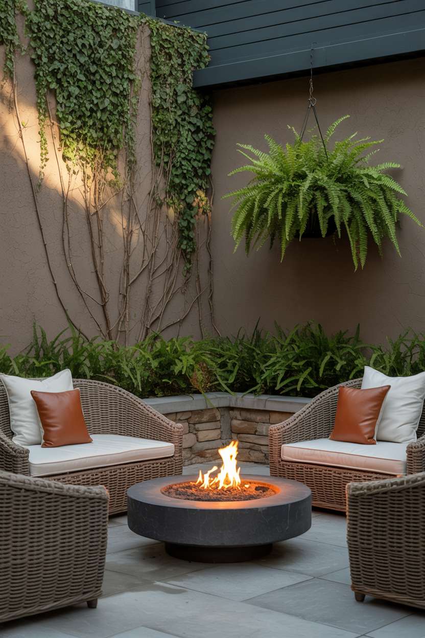 Round stone fire pit surrounded by woven seating with hanging planter and vine-covered wall