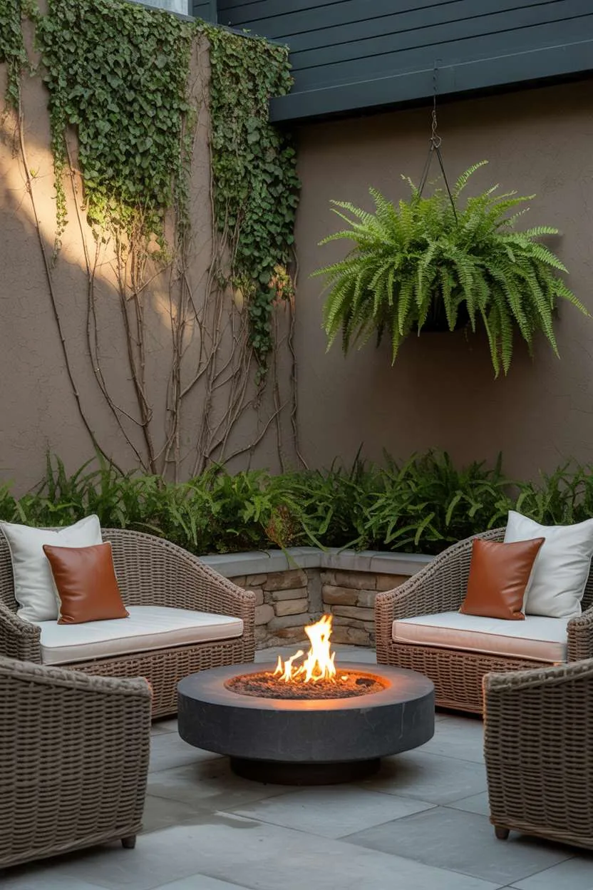 Round stone fire pit surrounded by woven seating with hanging planter and vine-covered wall