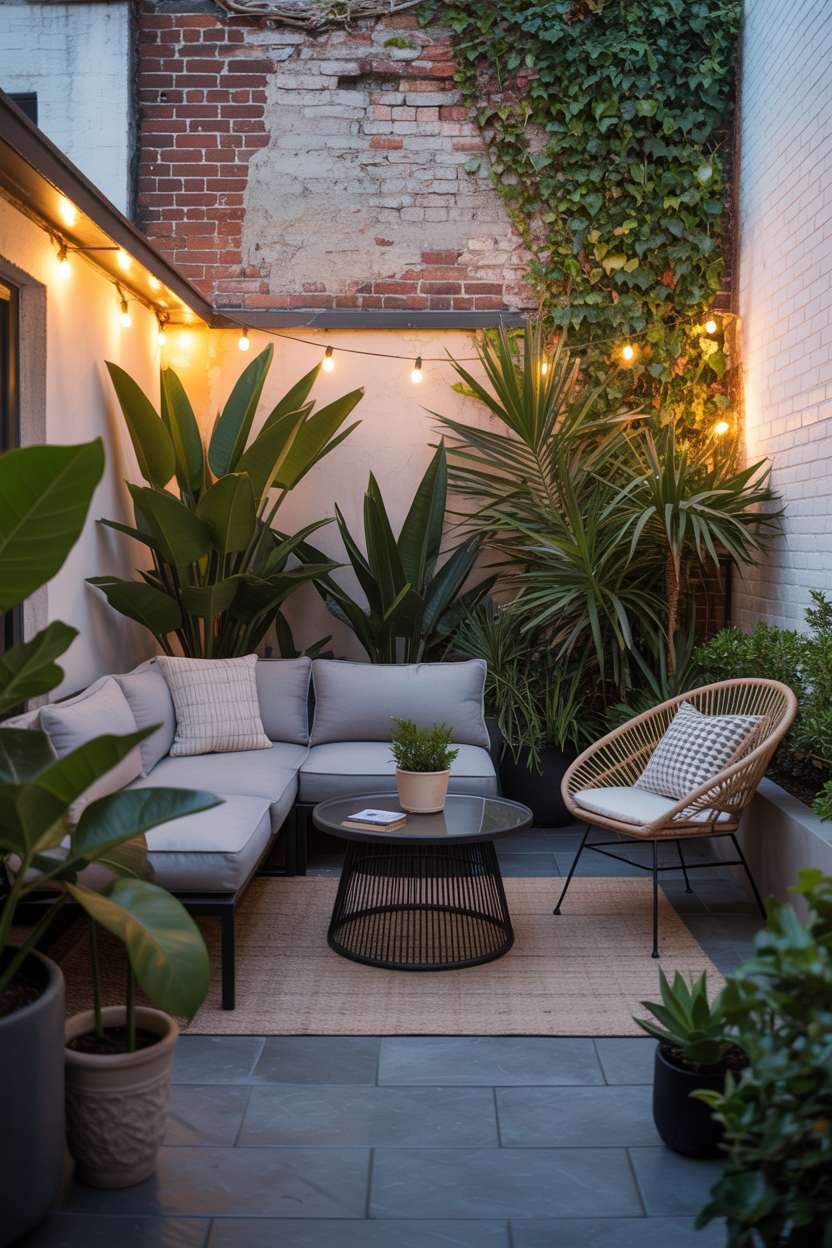 Grey sectional sofa with glass coffee table and mixed seating on patio with climbing ivy
