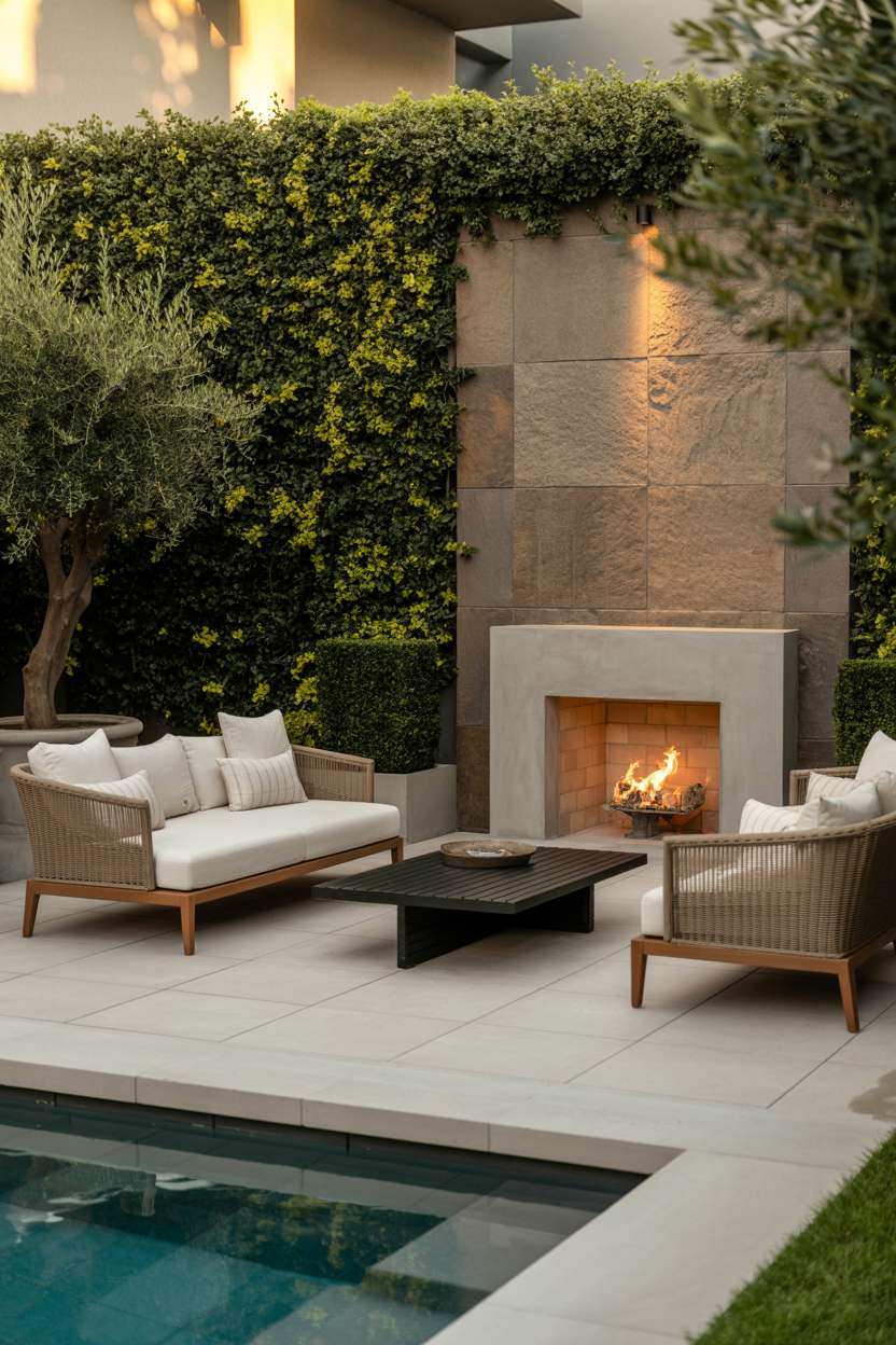 Rectangular infinity pool with modern lounge chairs and outdoor fireplace on concrete patio