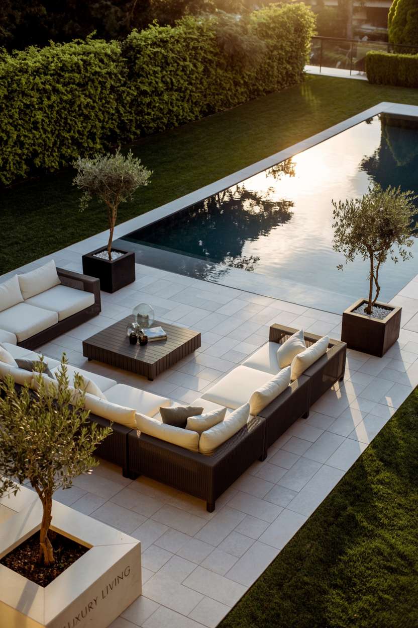 Infinity pool with sectional sofa and olive trees on stone patio at sunset