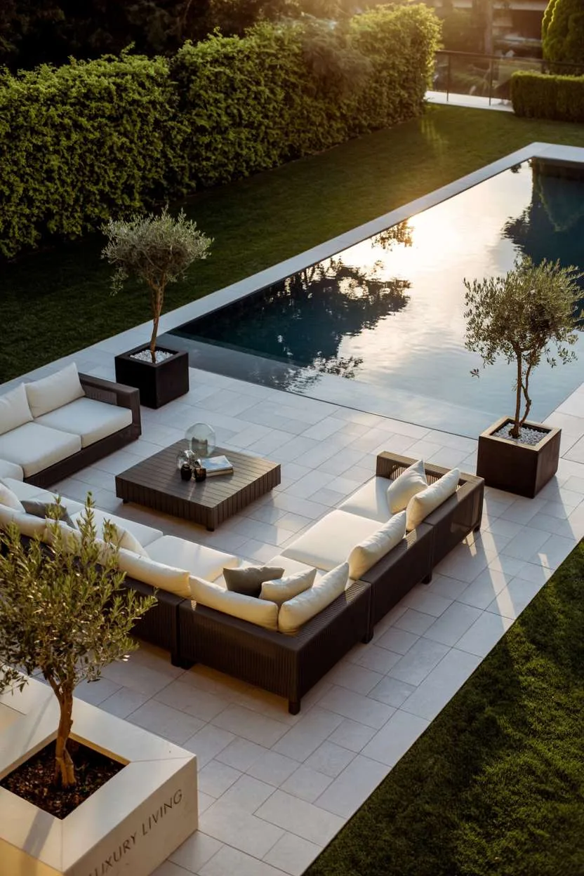 Infinity pool with sectional sofa and olive trees on stone patio at sunset