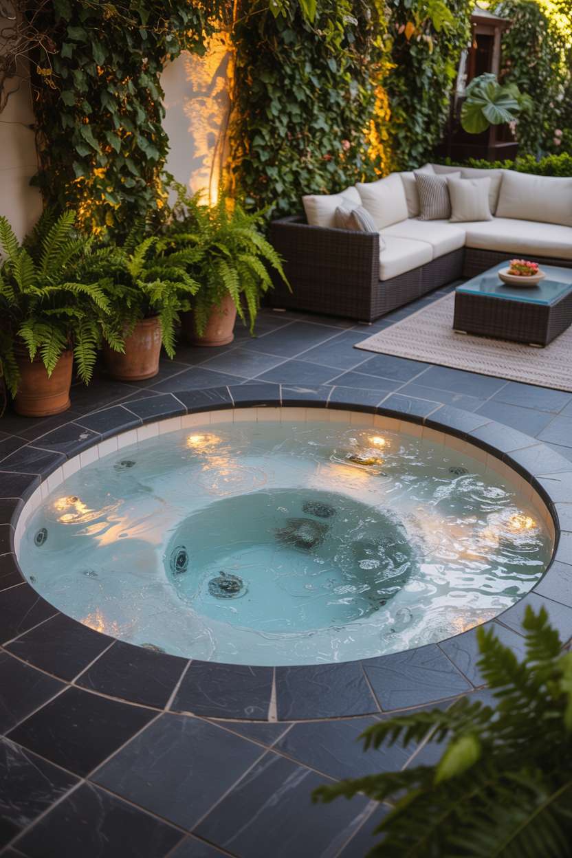 Hot tub with waterfall feature and wicker seating arrangement surrounded by bamboo plants
