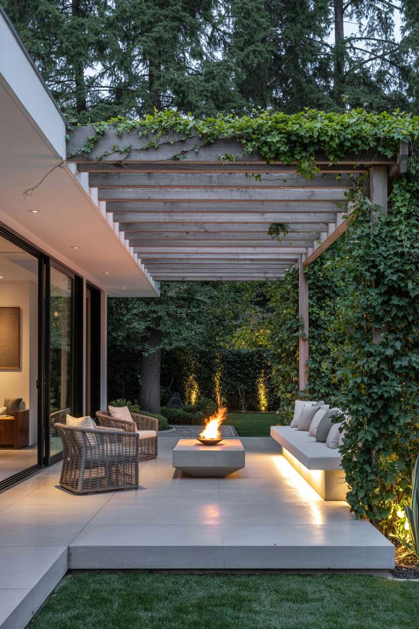 Covered patio with rattan furniture and string lights connected to manicured lawn