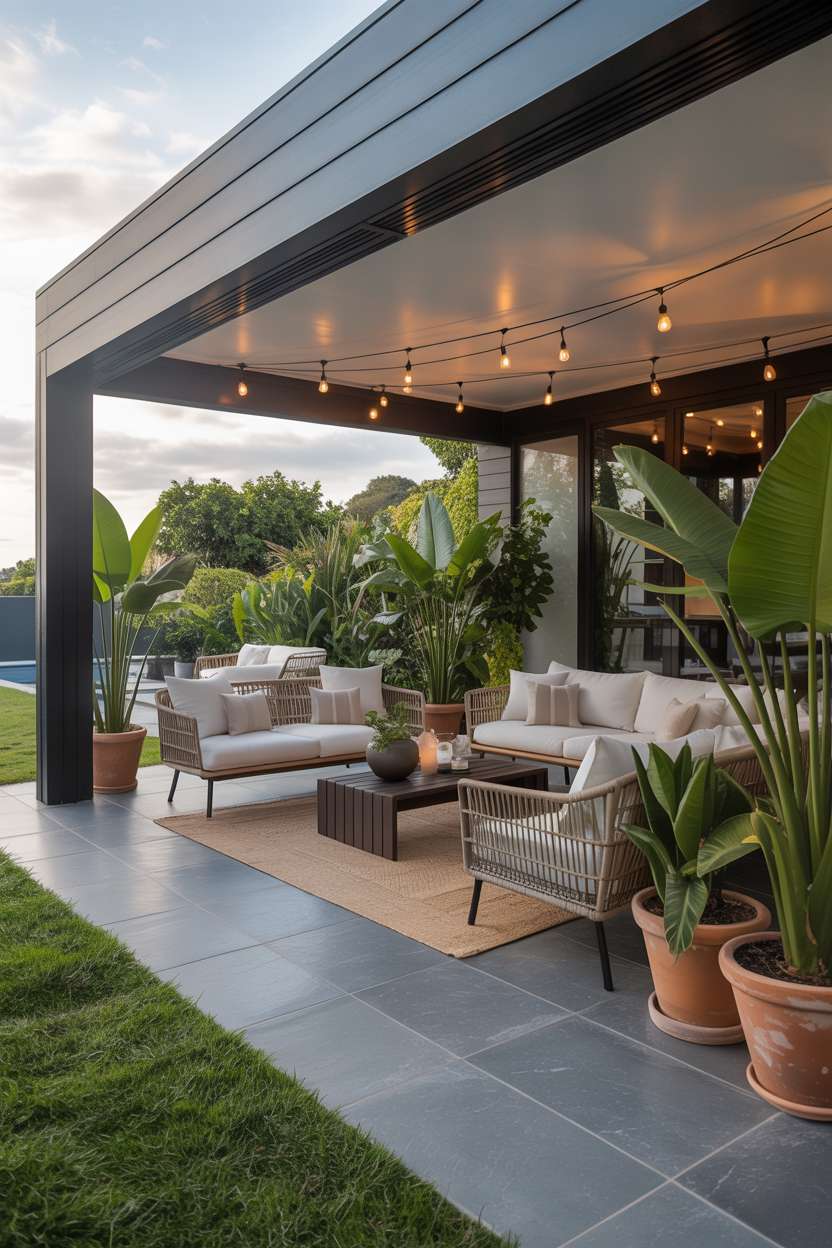 Sleek concrete patio with geometric fire pit and large planters in modern backyard