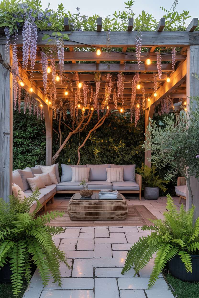 Weathered pergola with white wisteria over sectional sofa on terracotta tile patio