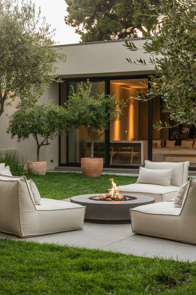 Modern patio with built-in seating around fire pit and large concrete pavers