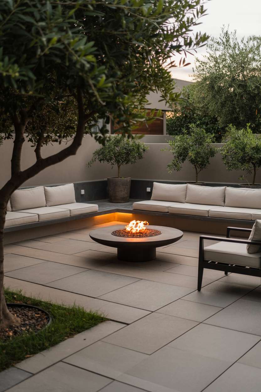 Sectional sofa with stone pathway leading to black pergola with climbing vines