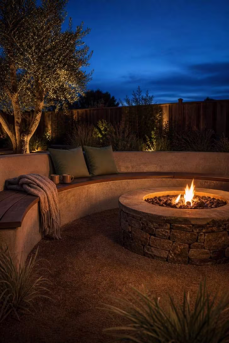 A curved stone fire pit with built-in teak bench seating, styled with sage cushions and ceramic mugs during blue hour
