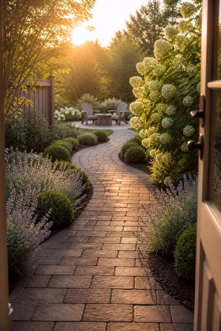 A curving brown paver walkway through lavender and hydrangea borders leading to a circular patio with two Adirondack chairs in backlit late afternoon sun