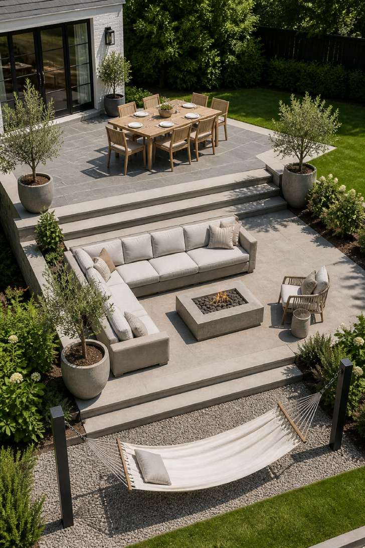 An overhead view of a three-level patio with bluestone dining area, concrete lounge with fire table, and gravel hammock pad connected by broad stone steps