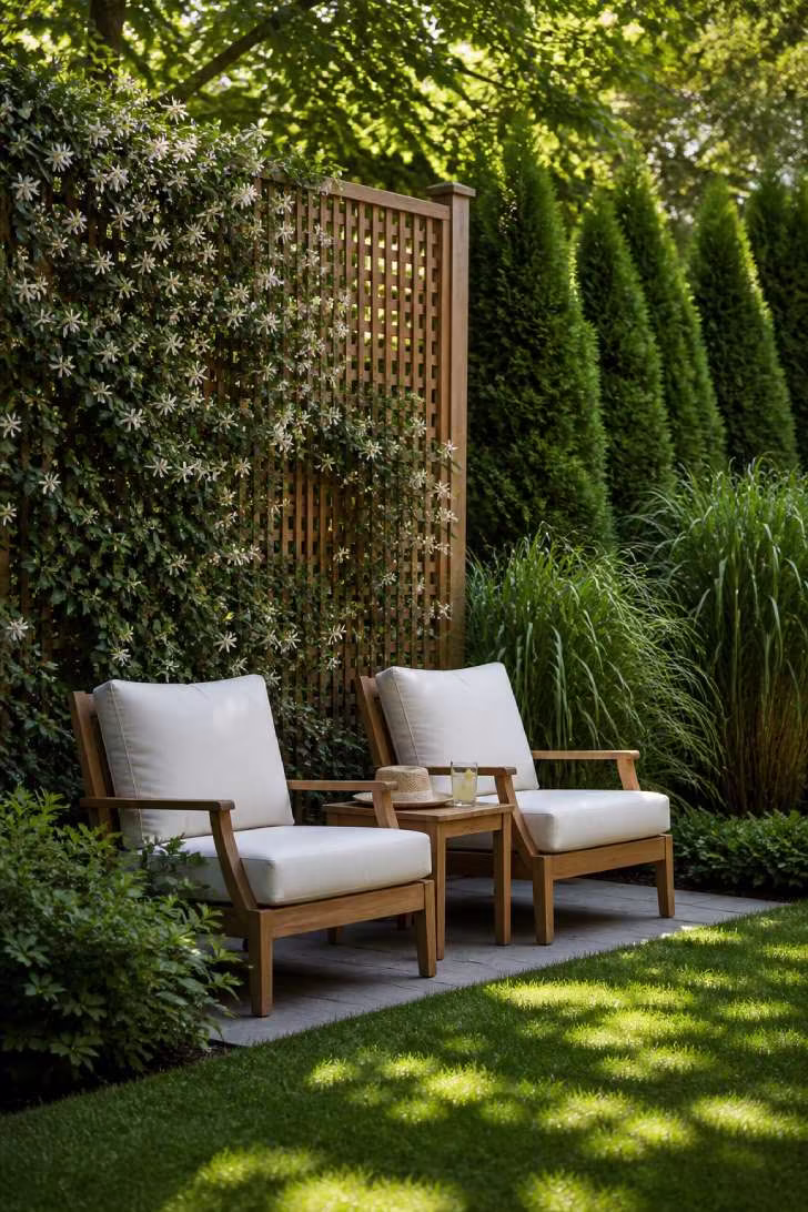 A cedar lattice panel covered in star jasmine alongside arborvitae and ornamental grasses, creating a patio privacy screen in front of two teak lounge chairs with white cushions