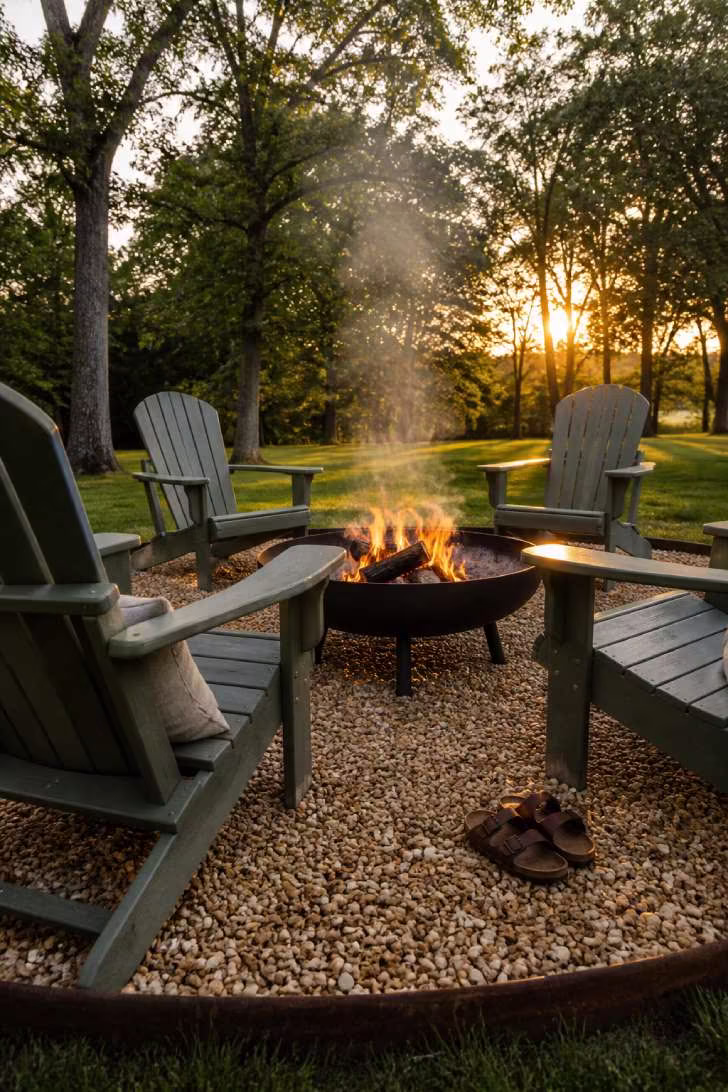 Four sage green Adirondack chairs on a circular pea gravel pad around a black steel fire bowl with a small wood fire in warm early-evening light