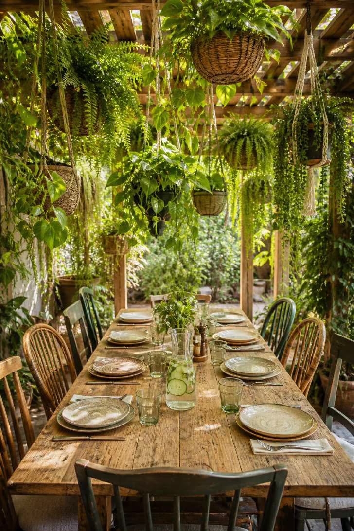 A reclaimed teak dining table for eight beneath a pergola hung with Boston ferns and trailing pothos in macramé holders, set with mismatched ceramic plates in dappled natural light