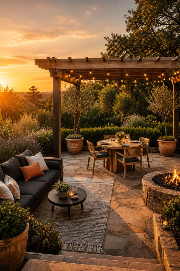 A golden-hour backyard patio with flagstone, charcoal sofa, teak dining table, stone fire pit, cedar pergola with string lights, and lush garden borders — an inviting outdoor living space at sunset