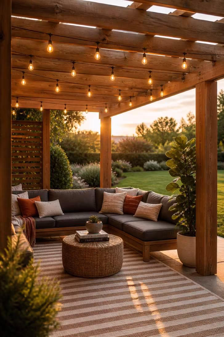 A cedar pergola over a charcoal sectional sofa with Edison string lights, styled with terracotta pillows and a woven coffee table at golden hour