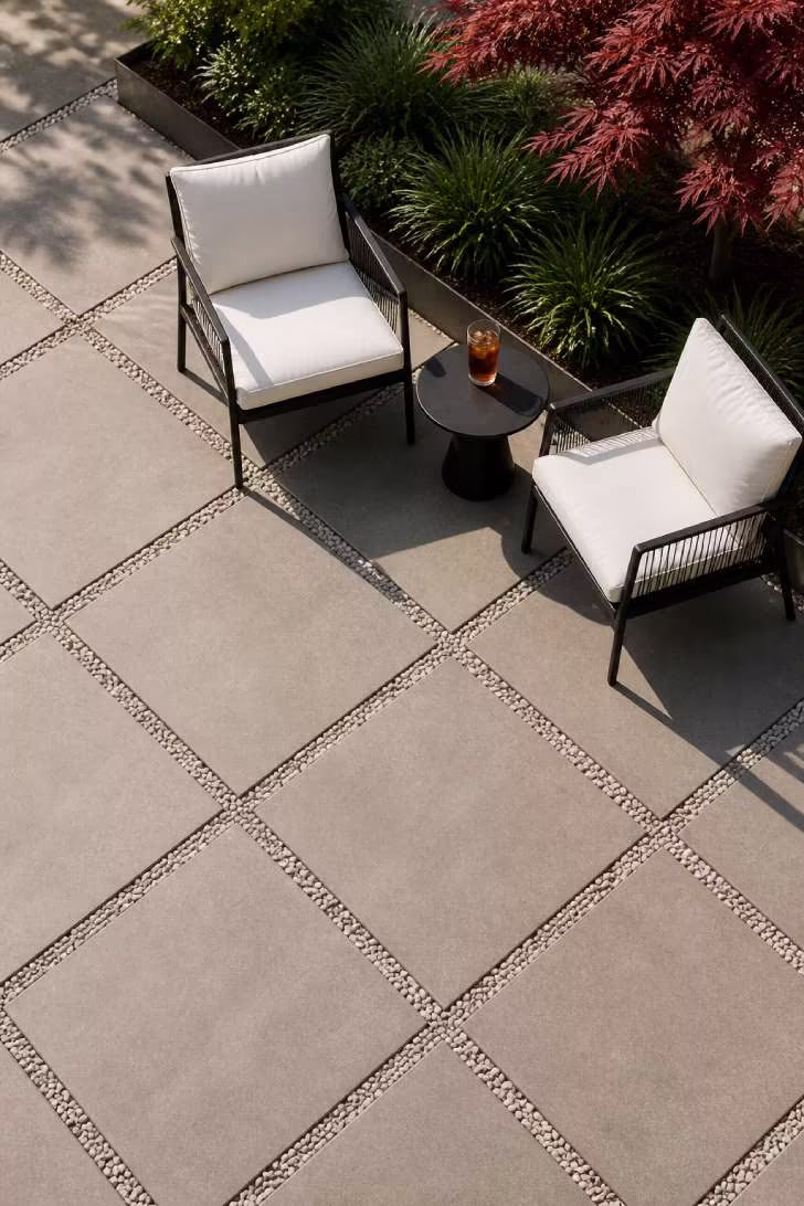 Large-format gray concrete pavers set in a grid with white gravel joints, styled with black metal chairs and a Japanese maple border