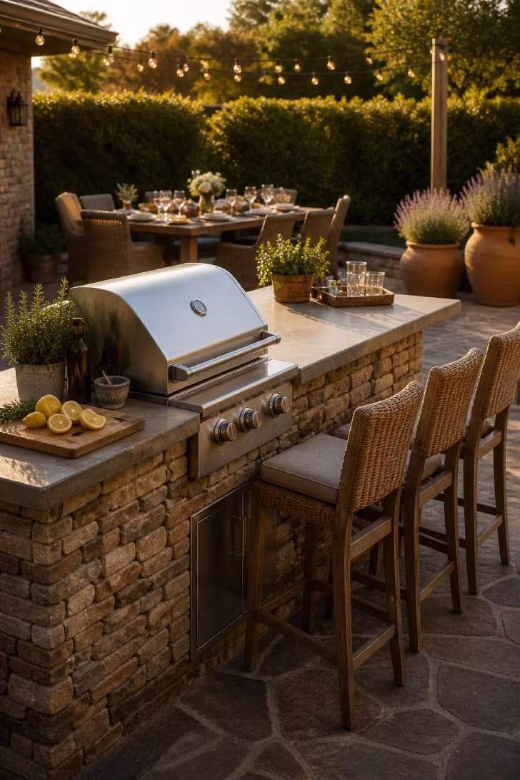 A natural stone outdoor kitchen island with concrete countertop, three woven bar stools, and a built-in grill styled with fresh herbs in late afternoon light