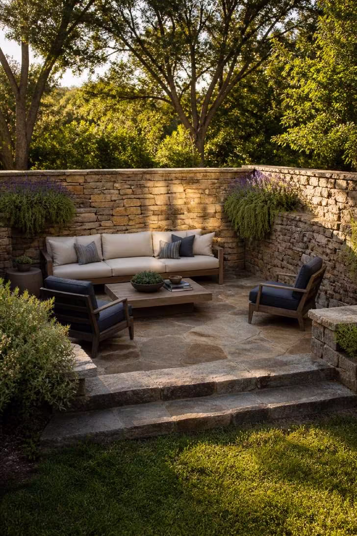 A sunken flagstone patio with stone retaining walls, an oatmeal sofa, and navy accent chairs, styled with herb planters in late afternoon sun