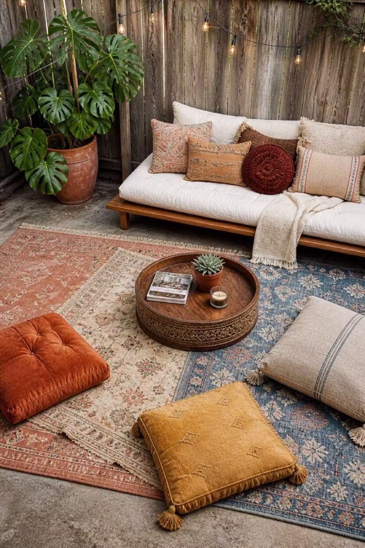 A bohemian layered patio with overlapping rugs, floor cushions in rust and mustard, a low wooden daybed, and a monstera plant against a weathered fence