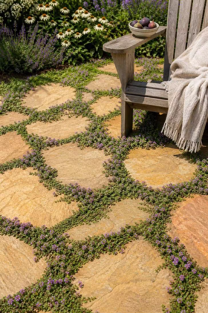 Irregular sandstone flagstone patio with creeping thyme in bloom between joints, a teak Adirondack chair, and a cottage garden border in midday sun