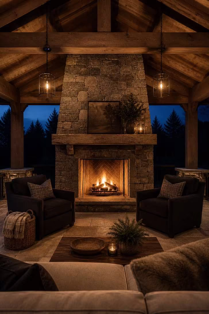 A vaulted wood-beam covered patio with a full-height stacked stone fireplace, charcoal armchairs, travertine floor, and iron pendant lights at twilight