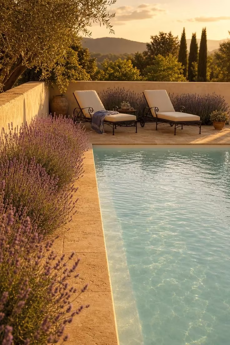15 Backyard Pool Designs That Bring Resort Comfort Home 1 White plaster rectangular pool with flush travertine coping and lavender hedge borders in warm golden afternoon light.