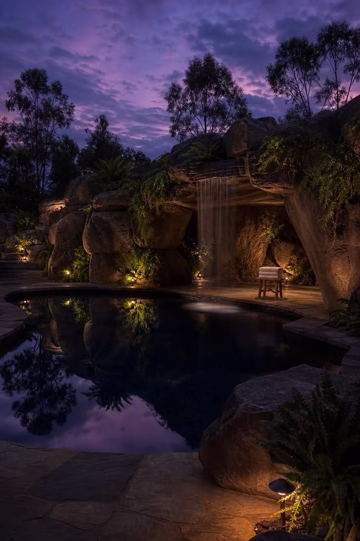 15 Backyard Pool Designs That Bring Resort Comfort Home 2 Dark midnight pebble freeform pool with sandstone grotto and fern pockets in moody twilight light.