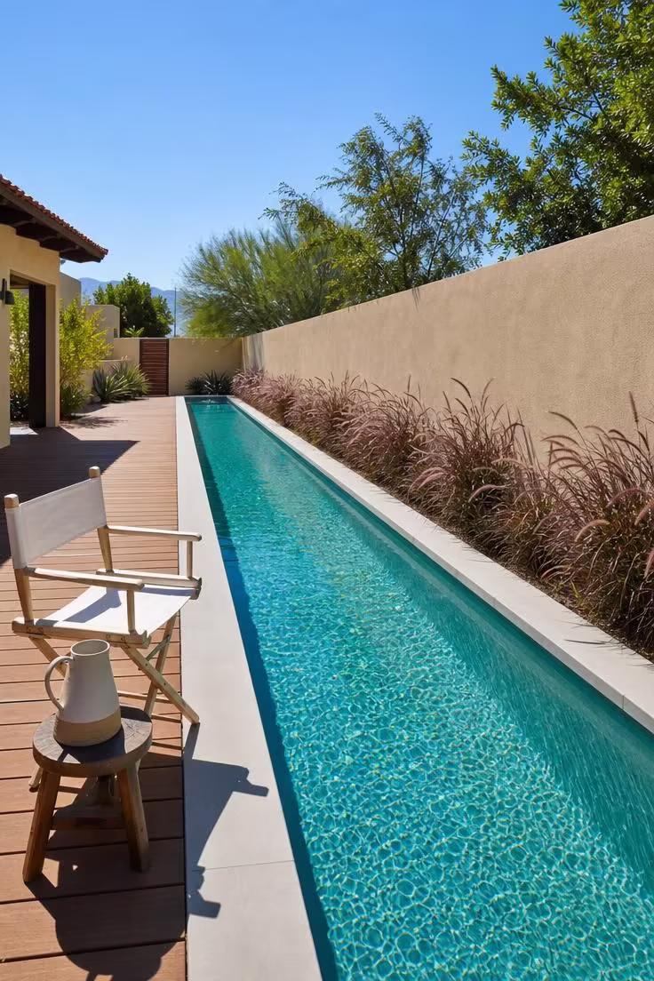 15 Backyard Pool Designs That Bring Resort Comfort Home 3 Narrow turquoise glass bead lap pool along a stucco wall with fountain grass beds in bright midday light.