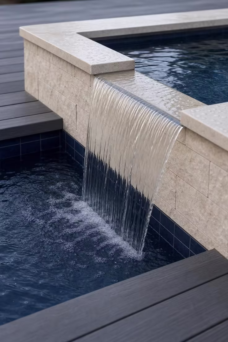 15 Backyard Pool Designs That Bring Resort Comfort Home 4 Close-up of raised limestone spa spilling into a cobalt blue geometric pool in soft diffused light.