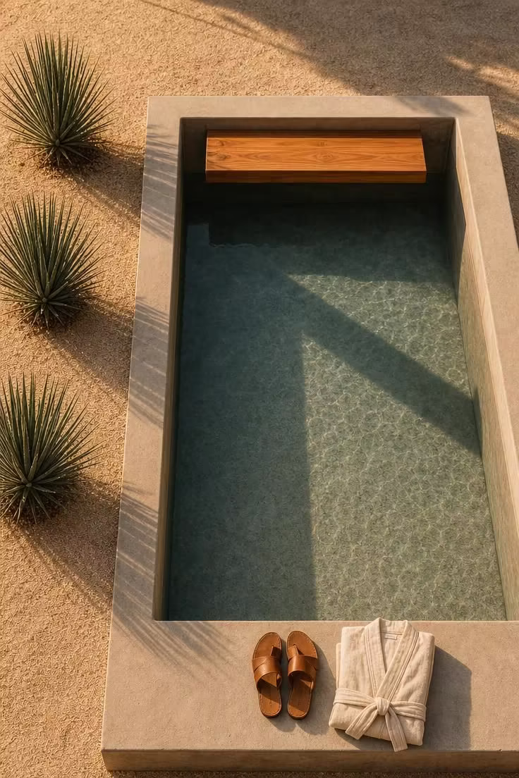 15 Backyard Pool Designs That Bring Resort Comfort Home 5 Overhead view of a compact saltwater plunge pool in brushed concrete with cantilevered teak bench in warm golden light.
