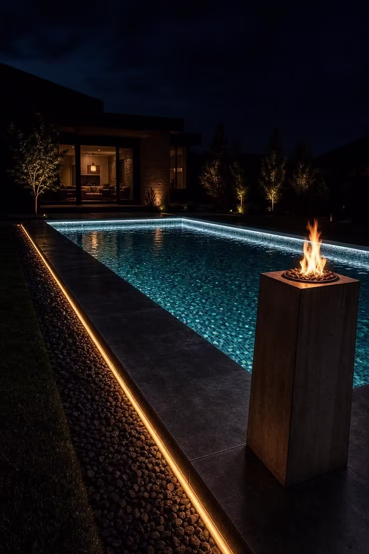 15 Backyard Pool Designs That Bring Resort Comfort Home 8 Deep teal glass mosaic tile pool with LED perimeter lighting and concrete fire column in moody low light.