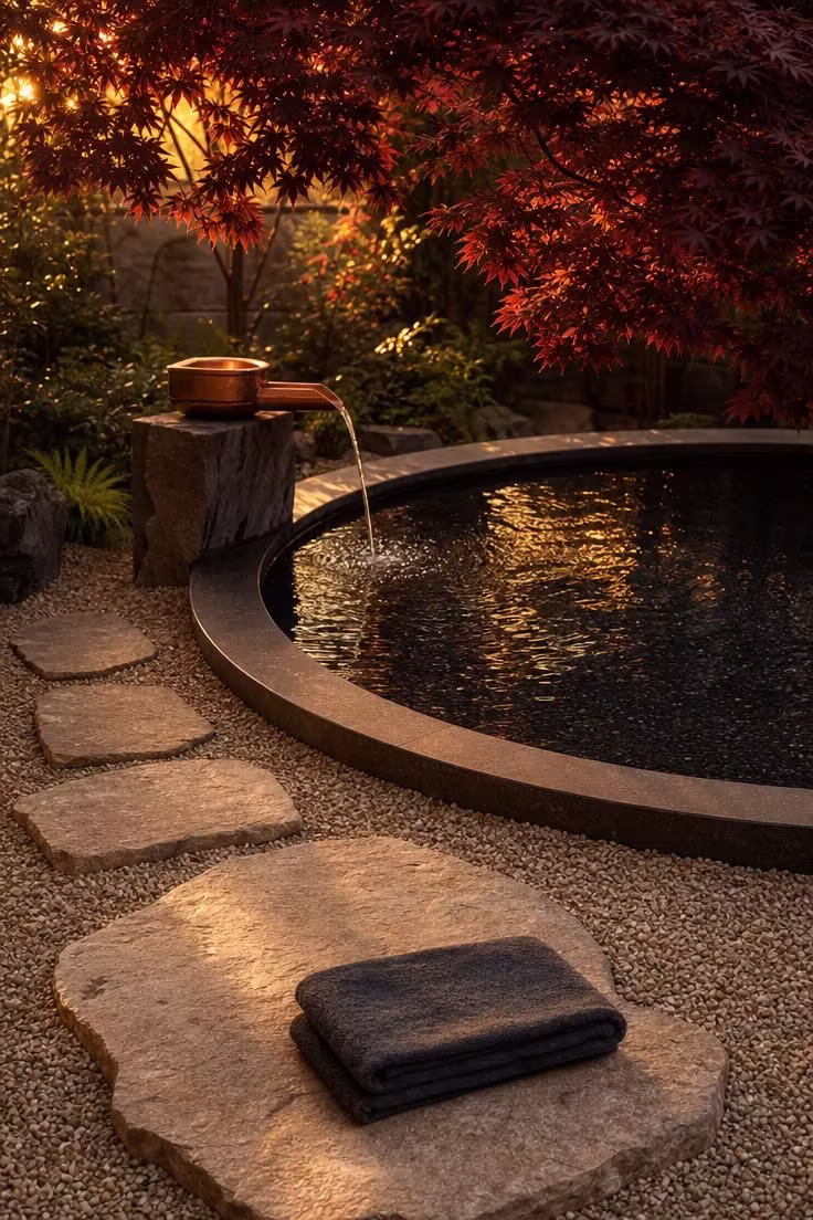 15 Backyard Pool Designs That Bring Resort Comfort Home 9 Circular black aggregate soaking pool with Japanese maple shade and copper spout in warm golden light.