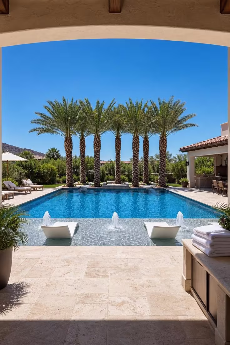 15 Backyard Pool Designs That Bring Resort Comfort Home 10 Large rectangular pool with tanning ledge, bubbler jets, and pygmy date palm court in bright midday sun.
