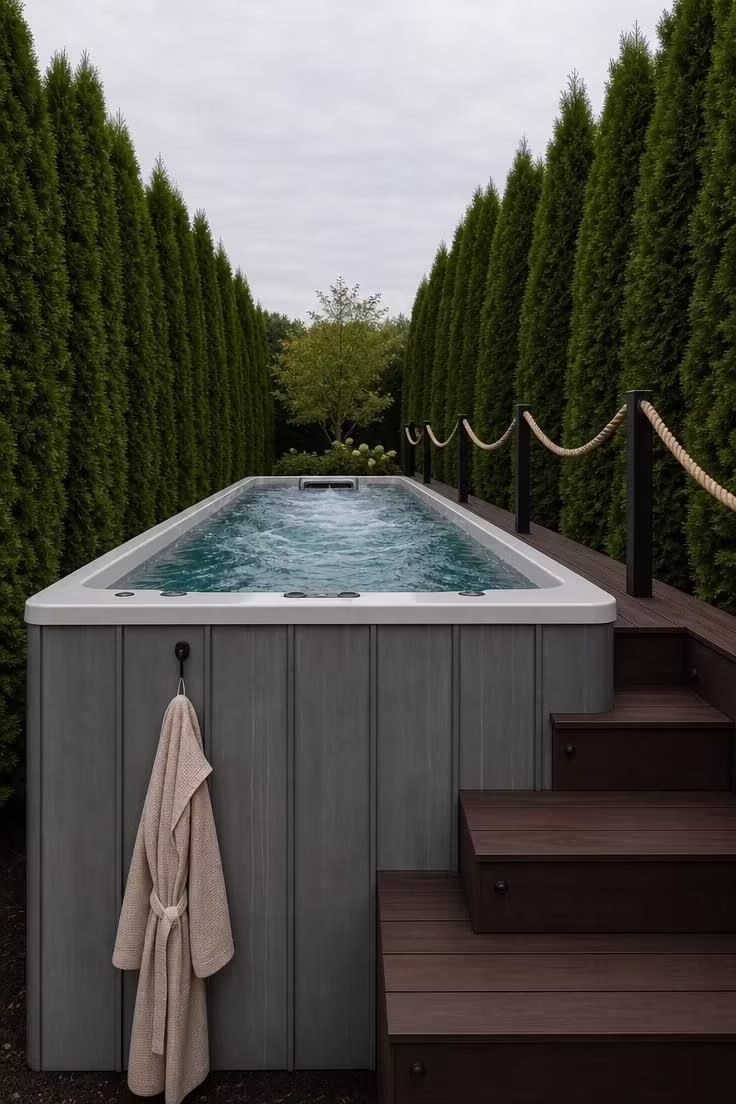 15 Backyard Pool Designs That Bring Resort Comfort Home 11 Narrow zinc-clad swim spa between tall arborvitae hedges under soft cool light of a thin cloud layer.