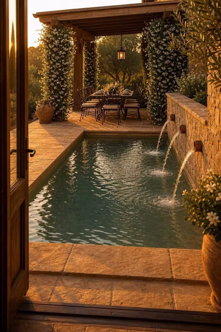 15 Backyard Pool Designs That Bring Resort Comfort Home 13 Sandstone-coped pool with copper scupper wall and vine-covered timber dining pavilion in warm golden light.