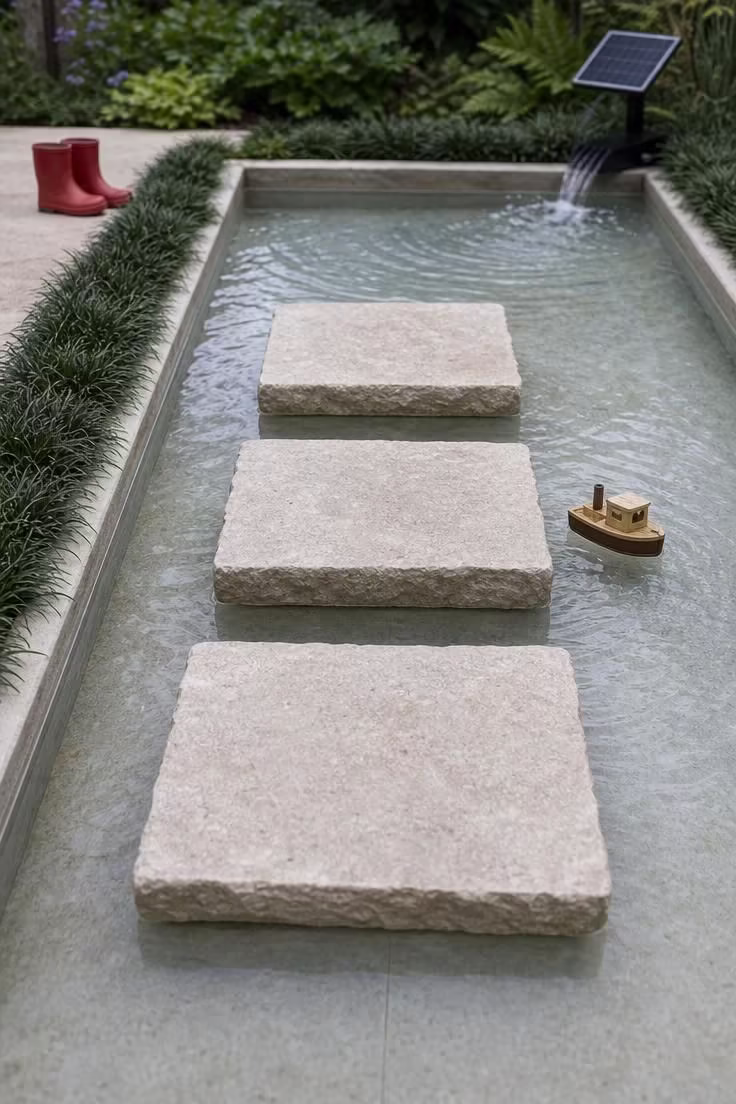 15 Backyard Pool Designs That Bring Resort Comfort Home 14 Shallow concrete wading pool with limestone stepping pads and dwarf mondo grass border under soft cool light.