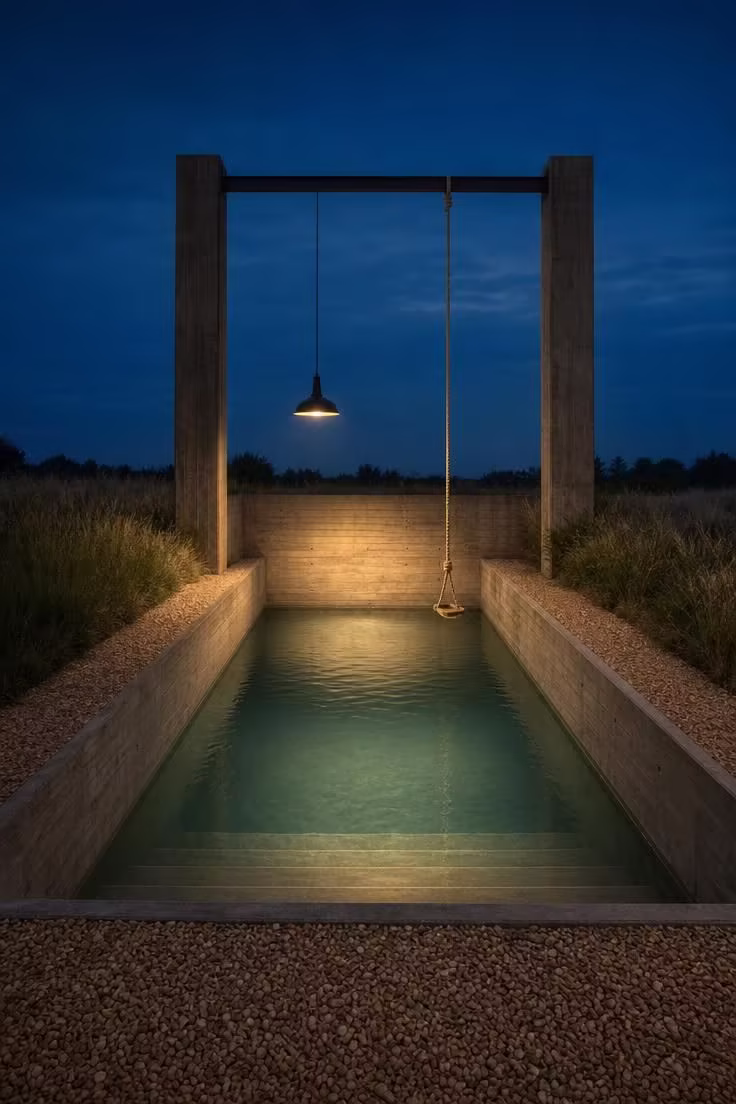 15 Backyard Pool Designs That Bring Resort Comfort Home 15 Board-formed concrete rectangular pool with manila rope swing over deep end in moody twilight light.