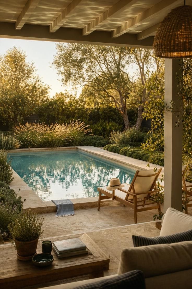 Simple Spaces 16 Warm golden-hour view of a rectangular aqua pool with travertine coping, teak loungers, and lush fountain grass from a covered patio.