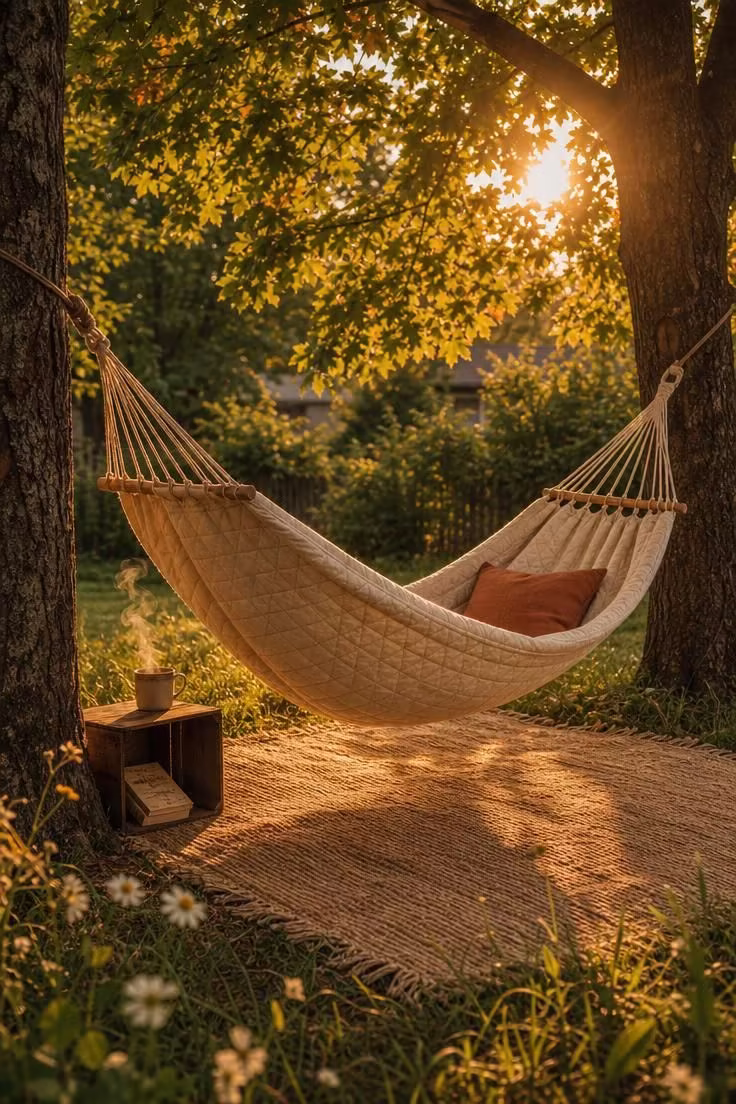 11 Cozy Backyard Reading Nook Ideas for Quiet Escapes 1 Quilted cotton hammock in oat color hung between two maple trees with a jute rug below and a wooden crate side table during golden hour.