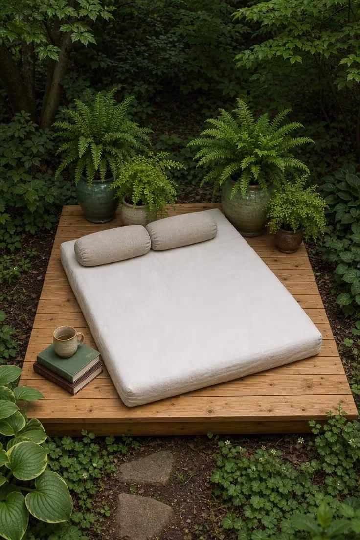 11 Cozy Backyard Reading Nook Ideas for Quiet Escapes 2 Overhead view of a honey-toned cedar platform deck with a low linen floor mattress, bolster pillows, and potted ferns in a shaded garden.