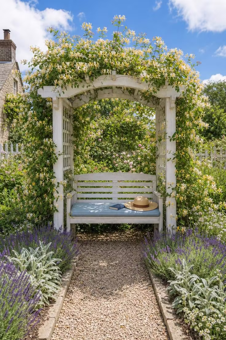 11 Cozy Backyard Reading Nook Ideas for Quiet Escapes 3 Whitewashed wooden arbor covered in honeysuckle with a slatted bench and pale blue cushion at the end of a gravel garden path in bright midday light.