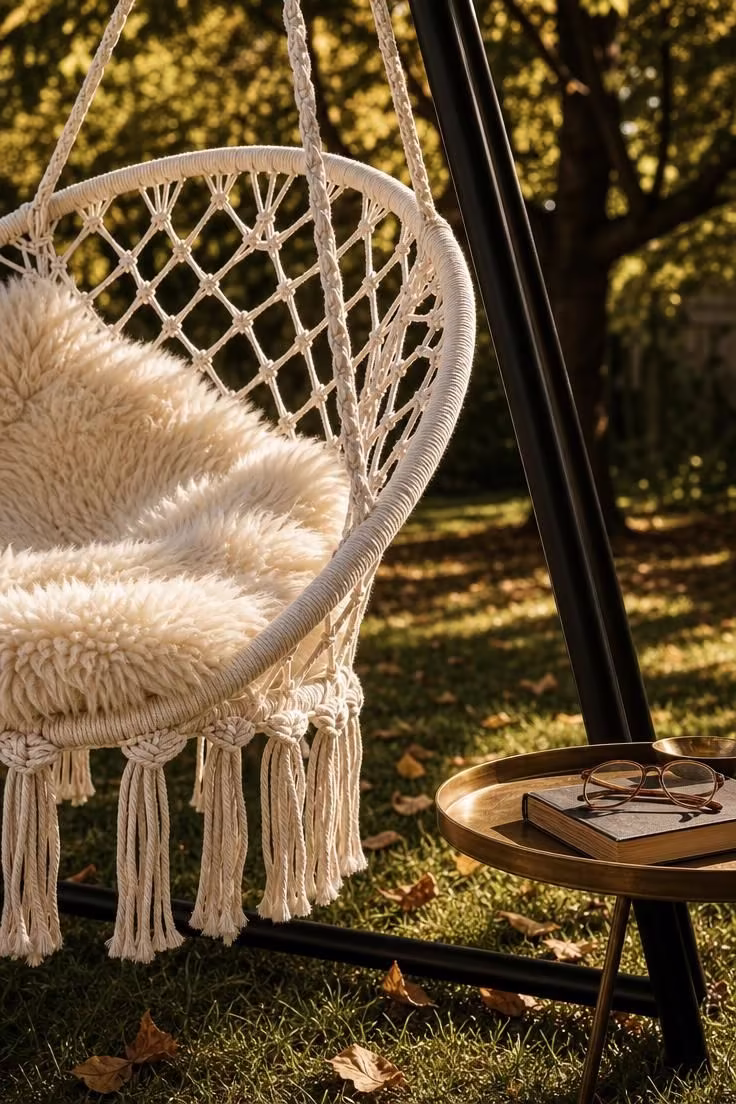 11 Cozy Backyard Reading Nook Ideas for Quiet Escapes 5 Close-up of a white macrame swing chair on a matte black steel A-frame with sheepskin throw and brass tray table in golden afternoon light.