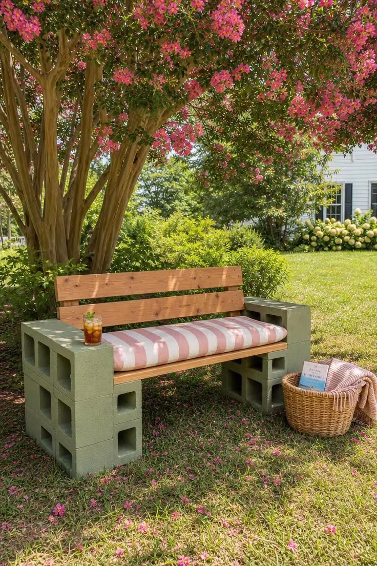 11 Cozy Backyard Reading Nook Ideas for Quiet Escapes 6 DIY sage green painted cinder block and cedar plank bench under a pink crepe myrtle tree with a striped cushion and wicker book basket.