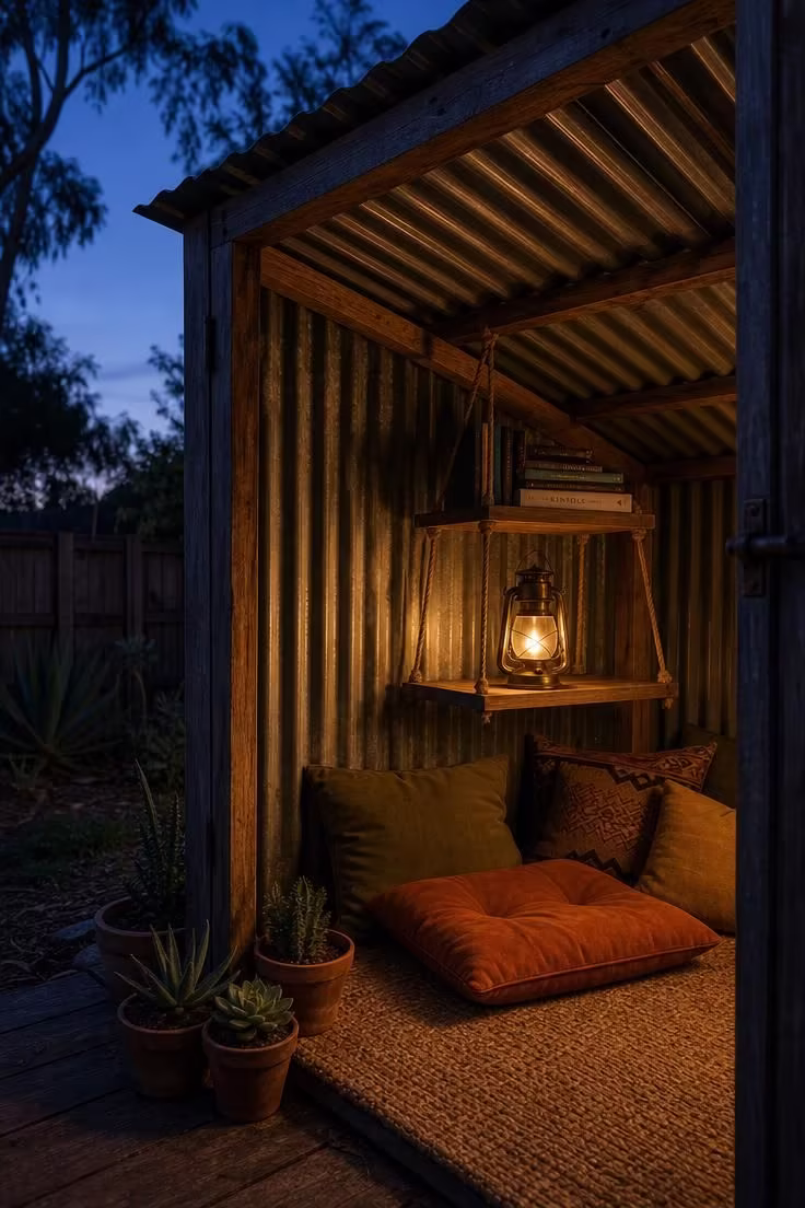 11 Cozy Backyard Reading Nook Ideas for Quiet Escapes 7 Corrugated metal lean-to shelter against a fence with floor cushions in rust and olive, a hanging rope shelf with books and a brass lantern at dusk.
