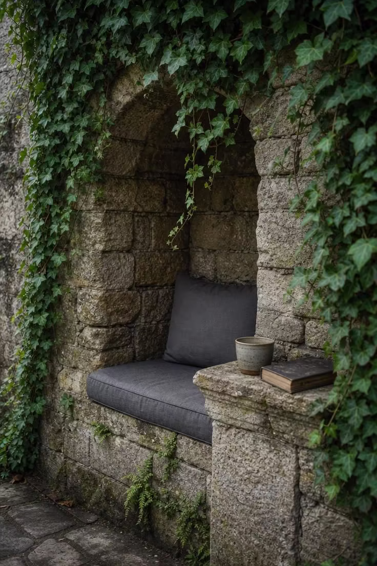 11 Cozy Backyard Reading Nook Ideas for Quiet Escapes 8 Close-up of a rough limestone garden wall alcove with charcoal cushion, climbing ivy, and a carved stone ledge holding a ceramic cup and book.