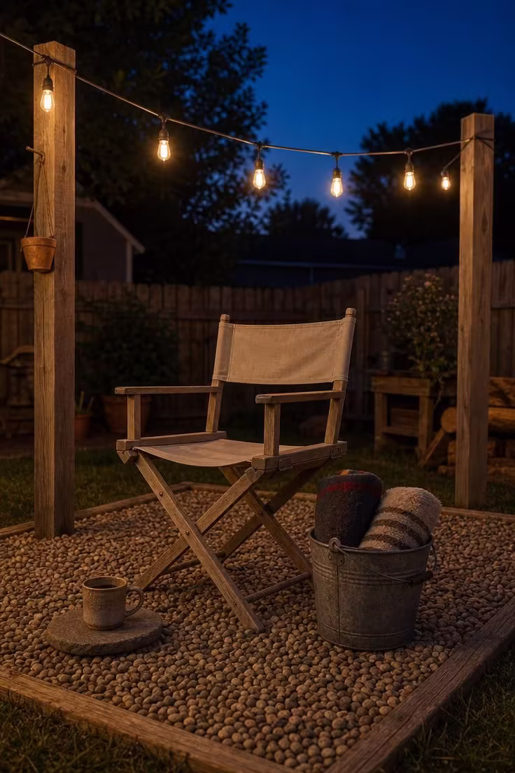 11 Cozy Backyard Reading Nook Ideas for Quiet Escapes 9 Folding teak director's chair on a pea gravel pad with Edison bulb string lights overhead, a galvanized bucket with blankets, and a river stone coaster at dusk.